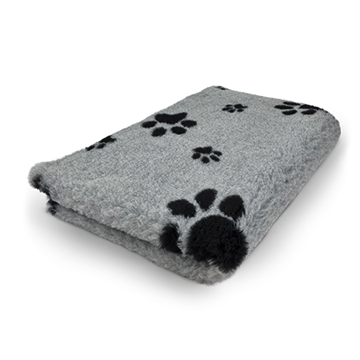 Vetbed hundetæppe, grå/sort med poter, non-slip, 100×75 cm