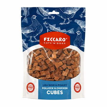 Ficcaro Pollock & Chicken Cubes, hundegodbid med sej og kylling, 100 g.