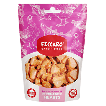 Ficcaro Chicken & Pollock Hearts, hundegodbid med kylling og sejfisk, 100 g.