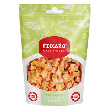 Ficcaro Salmon & Chicken Cubes, hundegodbid med laks og kylling, 100 g.