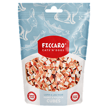 Ficcaro Rabbit & Pollock Cubes, hundegodbid med kanin og sejfisk, 100 g.