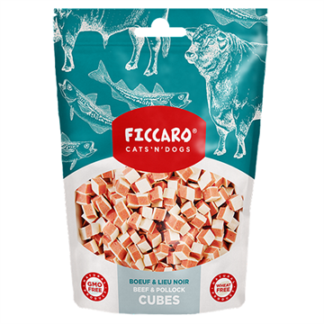 Ficcaro Beef & Pollock Cubes, hundegodbid med okse og sejfisk, 100 g.